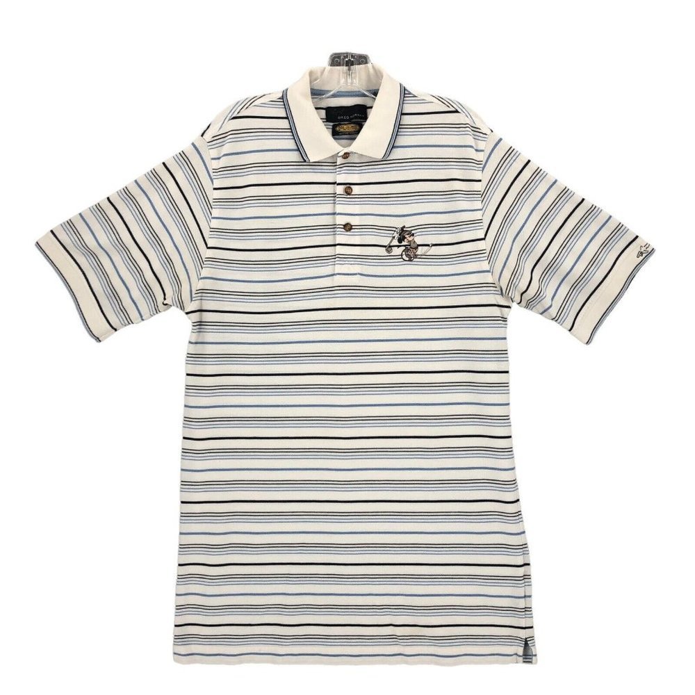 Greg Norman Polo Shirt Golf Medium White Blue Striped Mickey Mouse Disney Mens